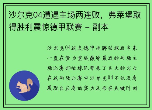 沙尔克04遭遇主场两连败，弗莱堡取得胜利震惊德甲联赛 - 副本