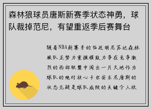 森林狼球员唐斯新赛季状态神勇，球队裁掉范尼，有望重返季后赛舞台